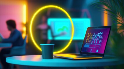 futuristic workspace with laptop and neon glow highlights digital era. modern coffee break vibes in collaborative office environment. blurred silhouettes emphasize focus on tech.