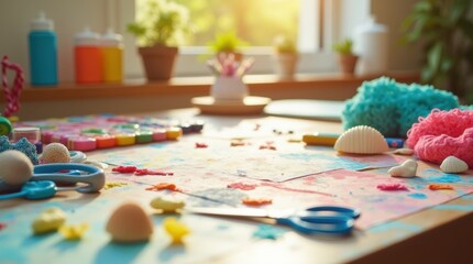 Summer crafts workspace with colorful supplies, sunlight, creative DIY mood, wooden table, vibrant and inviting
