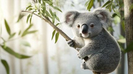 Fototapeta premium Fluffy, rotund koala clinging to a small tree branch, with realistic 3D fur details and big eyes. The lighting emphasizes its soft textures 