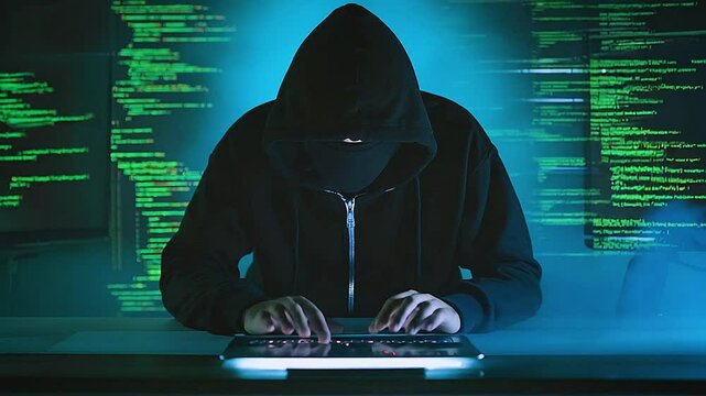 Faceless hacker in a hoodie is typing on a laptop. Cyber security hacking technology concept