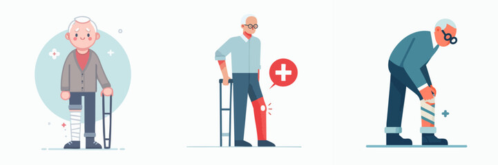 vector set of senior people injured in the leg