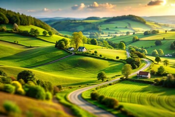 Obraz premium Idyllic Green Hills Countryside, Miniature Tilt-Shift Landscape Photography