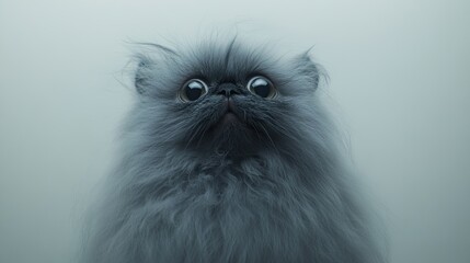 Fluffy round cat gazing upwards with wide eyes and alert ears. The lighting gently outlines its fuzzy features on a white backdrop.