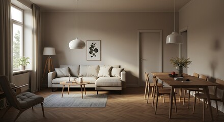 Obraz premium Living Room with Sofa and Dining Table