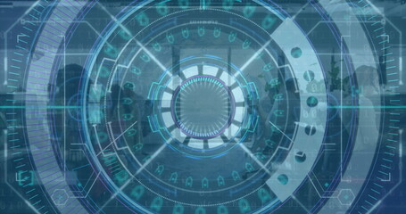 Image of data processing and scope scanning over diverse business people