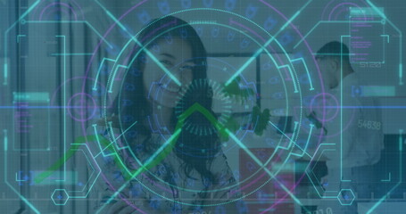 Image of data processing and scope scanning over diverse business people