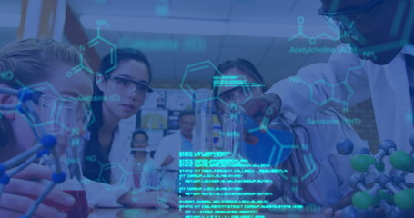 Image of data processing and chemical formula over diverse schoolchildren and teacher