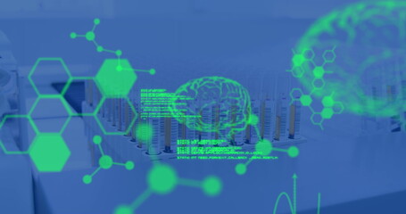 Image of data processing and chemical formula over test tubes in lab