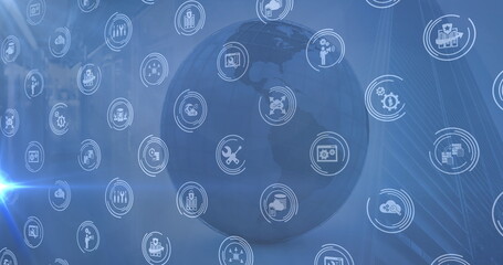 Image of business icons and globe over blue background