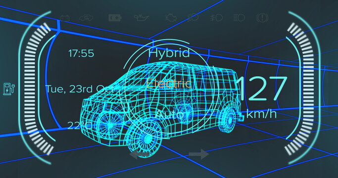 Fototapeta Image of car interface over digital van model on black background