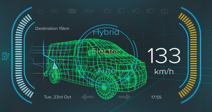Fototapeta Image of car interface over digital van model on black background