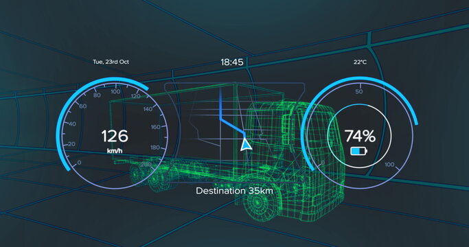 Image of car interface over digital lorry model on black background