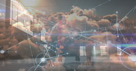 Image of data processing over clouds and african american sportsman doing push ups