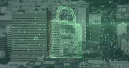 Image of data processing and padlock over cityscape