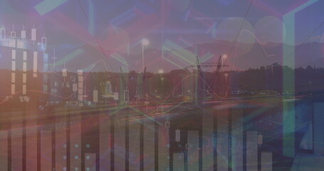 Image of data processing over cityscape and digital tunnel