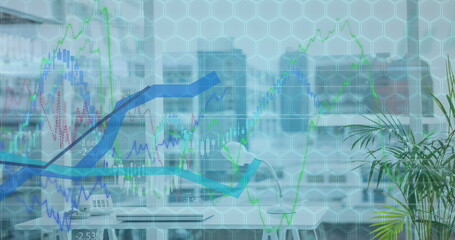 Image of data processing over cityscape and shapes