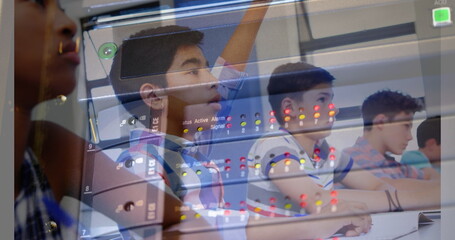 Image of server room over diverse schoolkids in classroom