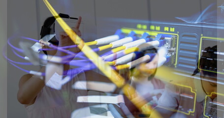 Image of server room over biracial girl using vr headset