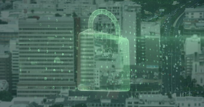 Image of data processing and padlock over cityscape