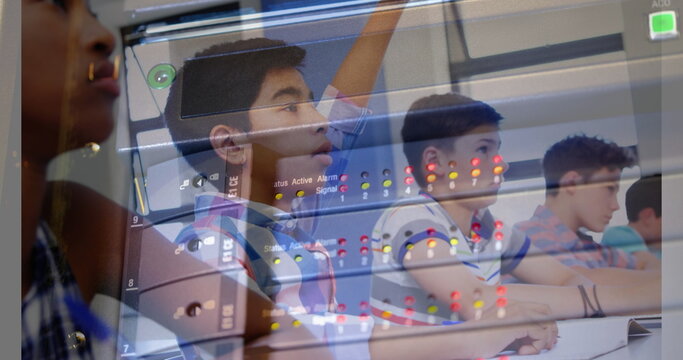 Image of server room over diverse schoolkids in classroom