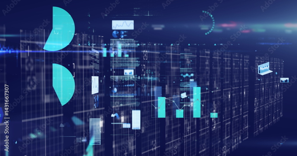 Poster digital image of multiple screens with data processing against spot of light on blue background