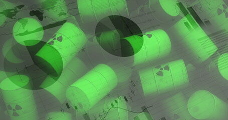 Image of financial data processing over barrels with radioactive symbol