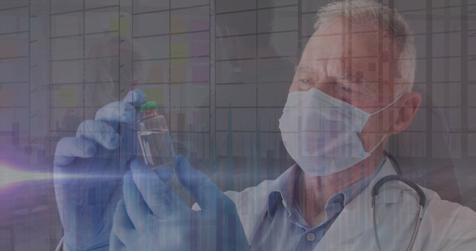 Image of flag of france waving over surgeons in operating theatre