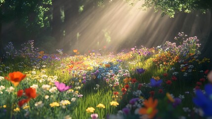 Beautiful and vibrant wildflower field with a variety of colorful blooms captured under a dramatic cinematic style of lighting