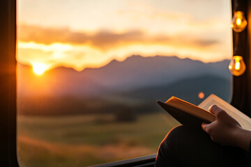 Enjoying a good book while watching the sunset in a tranquil mountain setting before bedtime