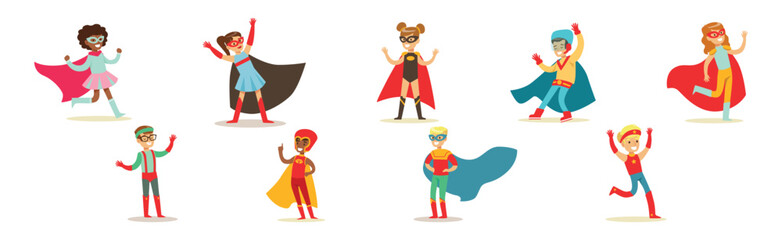 Boy and Girl Superhero Wearing Cloak and Cape Vector Set