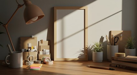Wooden Desk with Blank Frame and Stationery.