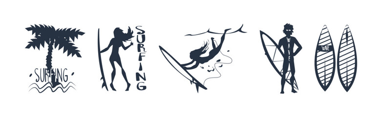 Surfing and Wave Ride Monochrome Silhouette Vector Set