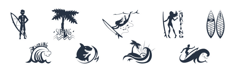 Surfing and Wave Ride Monochrome Silhouette Vector Set