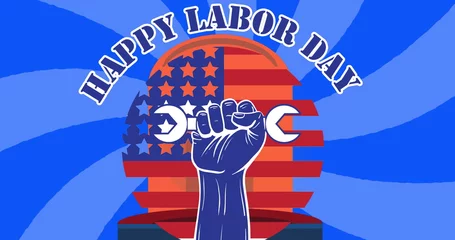 Image of happy labor day text over american flag and lights