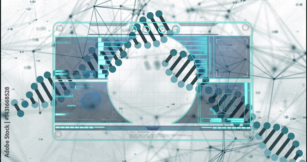 Poster digital interface with data processing over dna structure spinning against blue background