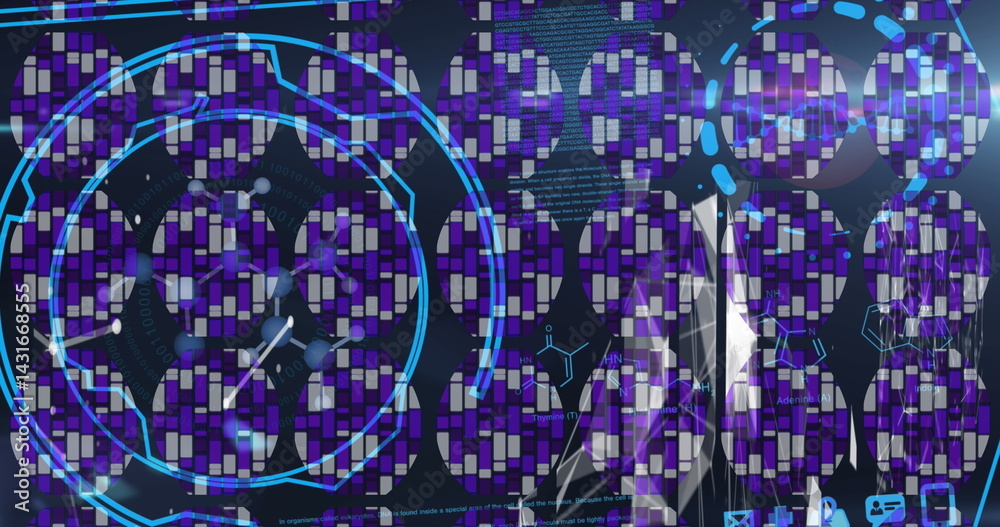 Poster blue abstract circular shape over digital interface with data processing on blue background