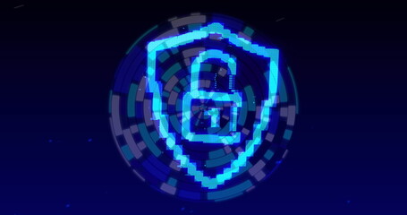 Security padlock and shield icon over blue abstract circular shape spinning against blue background