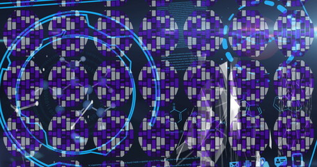 Blue abstract circular shape over digital interface with data processing on blue background