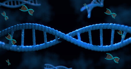 Digital image of multiple dna structure spinning against blue background