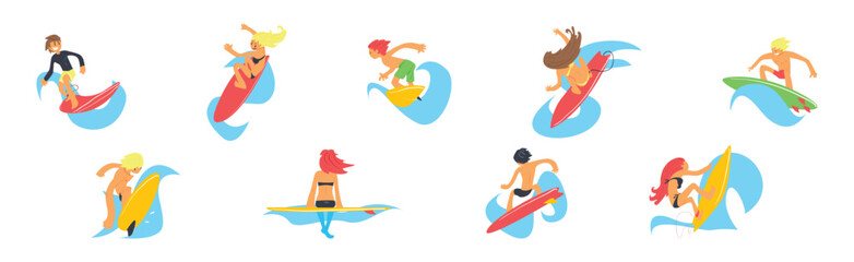 Man and Woman Surfer Character Ride Ocean Wave on Surfboard Vector Set