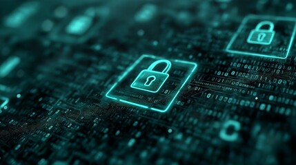 cybersecurity concept with digital lock symbols overlaying circuit board. futuristic technology theme highlighting data protection, encryption, and online security in digital networks