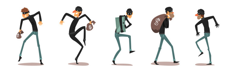 Man Thief and Burglar in Mask Stealing Money Vector Set