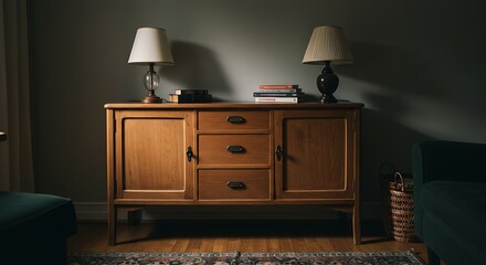 Wooden Cabinet with Lamps and Books