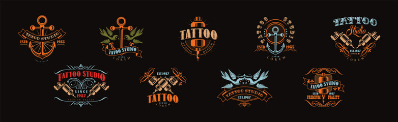 Tattoo Studio Logo and Label Design Template Vector Set