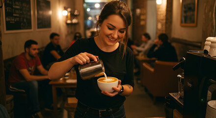 A barista pouring latte art in a cozy coffee shop with soft lighting and ambient background