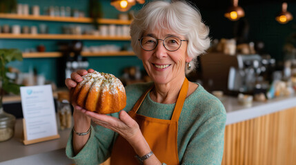 Fototapeta premium senior woman proudly holding homemade cake in cozy bakery. warm lighting enhances inviting atmosphere. ideal for culinary, small business, and lifestyle themes showcasing homemade baking.