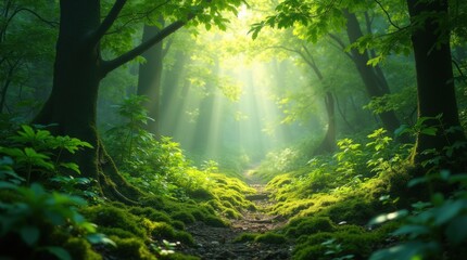 Fototapeta premium Lush green forest with sunbeams, dense foliage, vibrant leaves, mossy ground, vivid and refreshing nature scene 