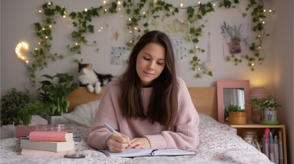 Teenage girl journaling in cozy bedroom surrounded by plants lifestyle intimate reflective