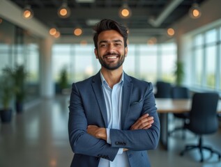 Fototapeta premium Smiling Indian Businessman Standing With His Arms Crossed in a Modern IT Company Office 