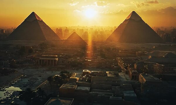 Majestic sunset over the Pyramids of Giza, illuminating ancient structures and cityscape